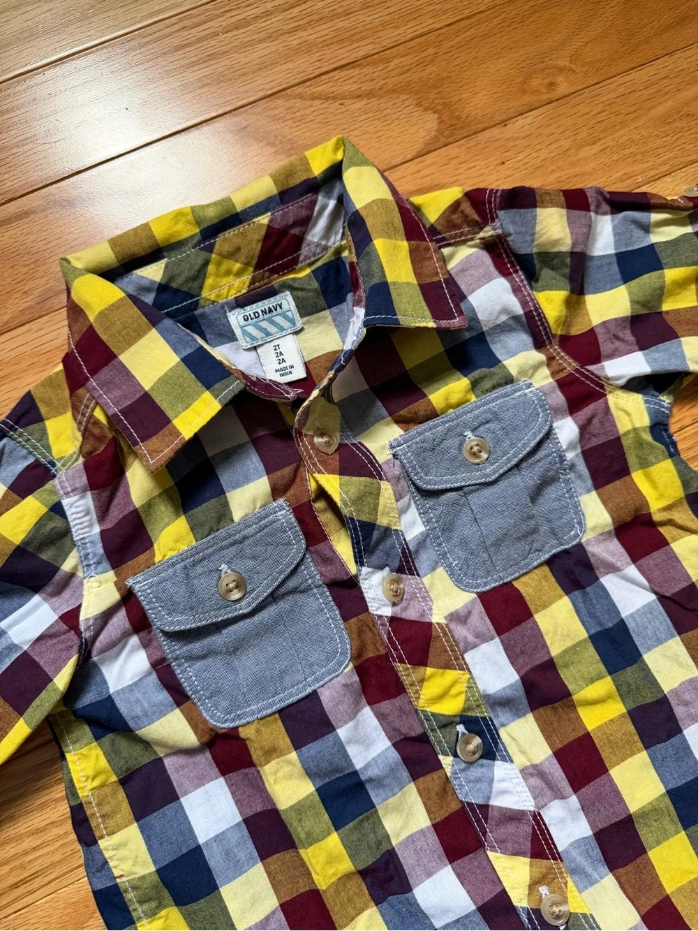 Old Navy Plaid Button-Down Shirt in Yellow, Red & Blue with Chambray Pockets